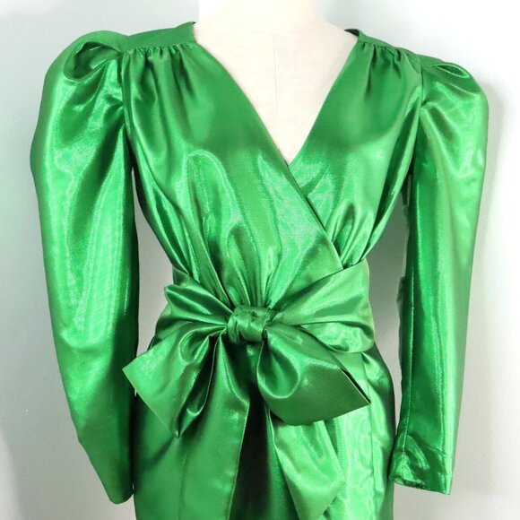 Happy x Nature Women's 2 Kate Hudson Metallic Green Wrap Dress 80's Inspired - Picture 4 of 16